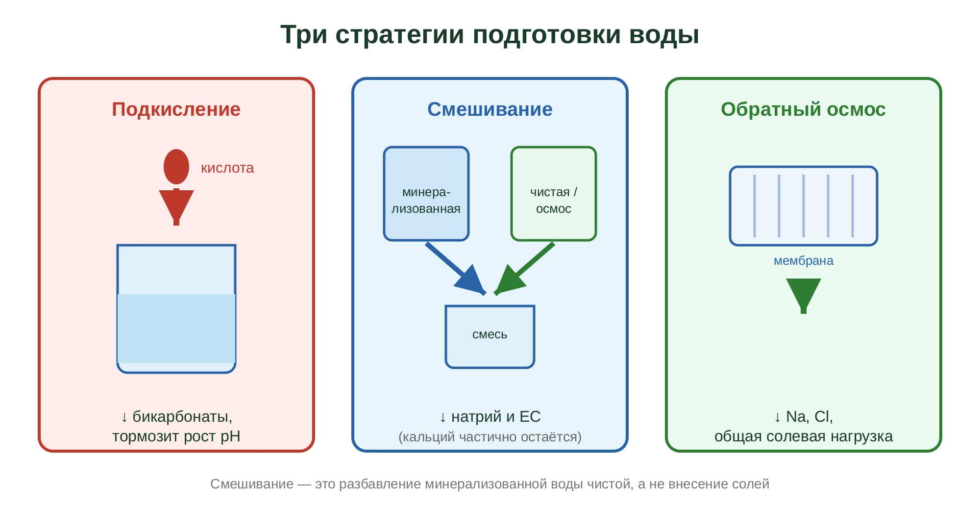 Три стратегии подготовки поливной воды: подкисление кислотой, смешивание минерализованной воды с чистой, обратный осмос через мембрану