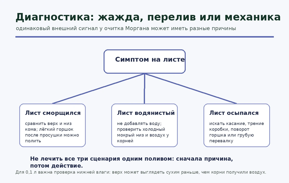 Диагностика очитка Моргана: сморщенный, водянистый или осыпавшийся лист требуют разных решений.