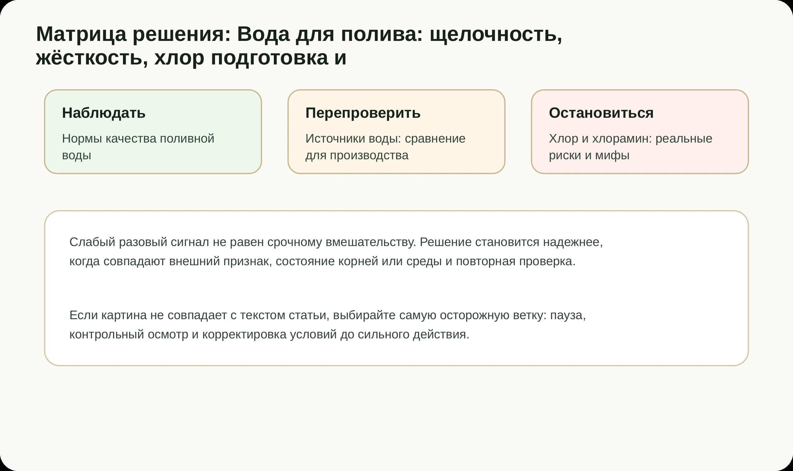 Матрица решений по статье Вода для полива: щелочность, жёсткость, хлор подготовка и