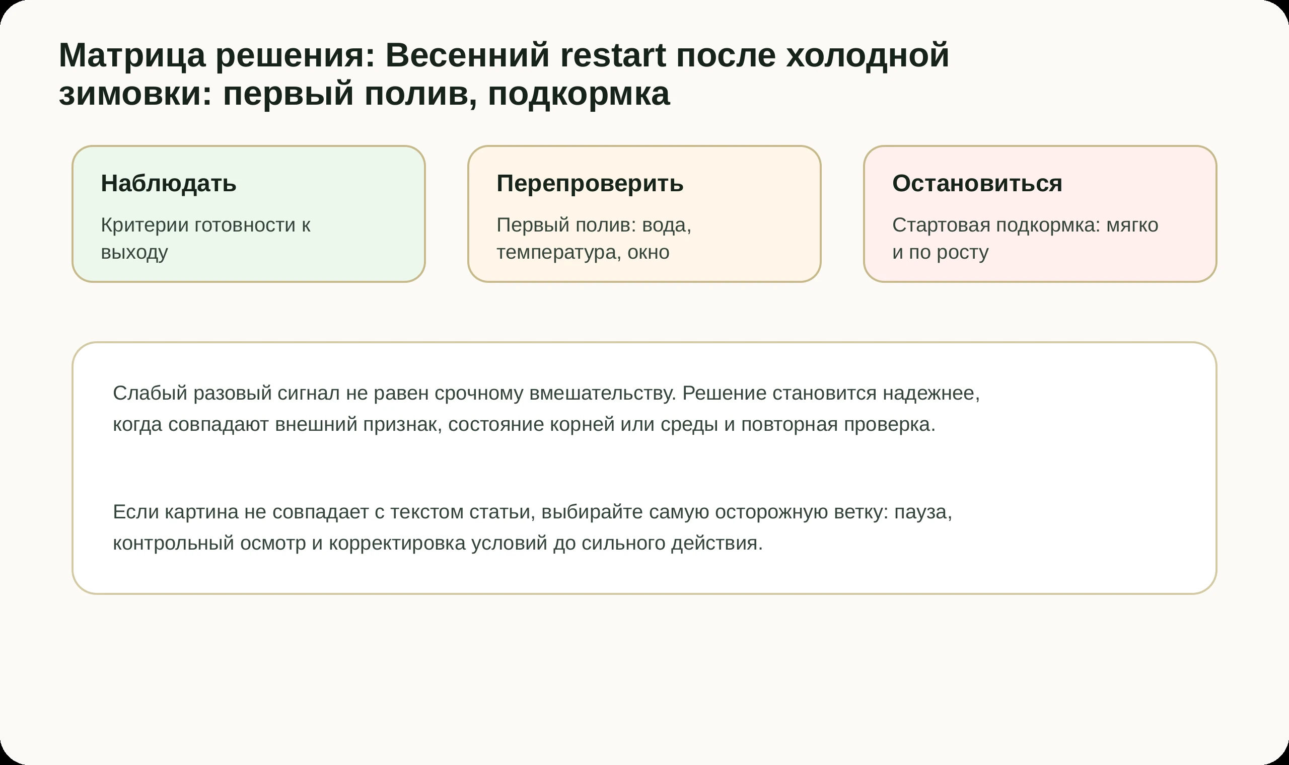Матрица решений по статье Весенний restart после холодной зимовки: первый полив, подкормка