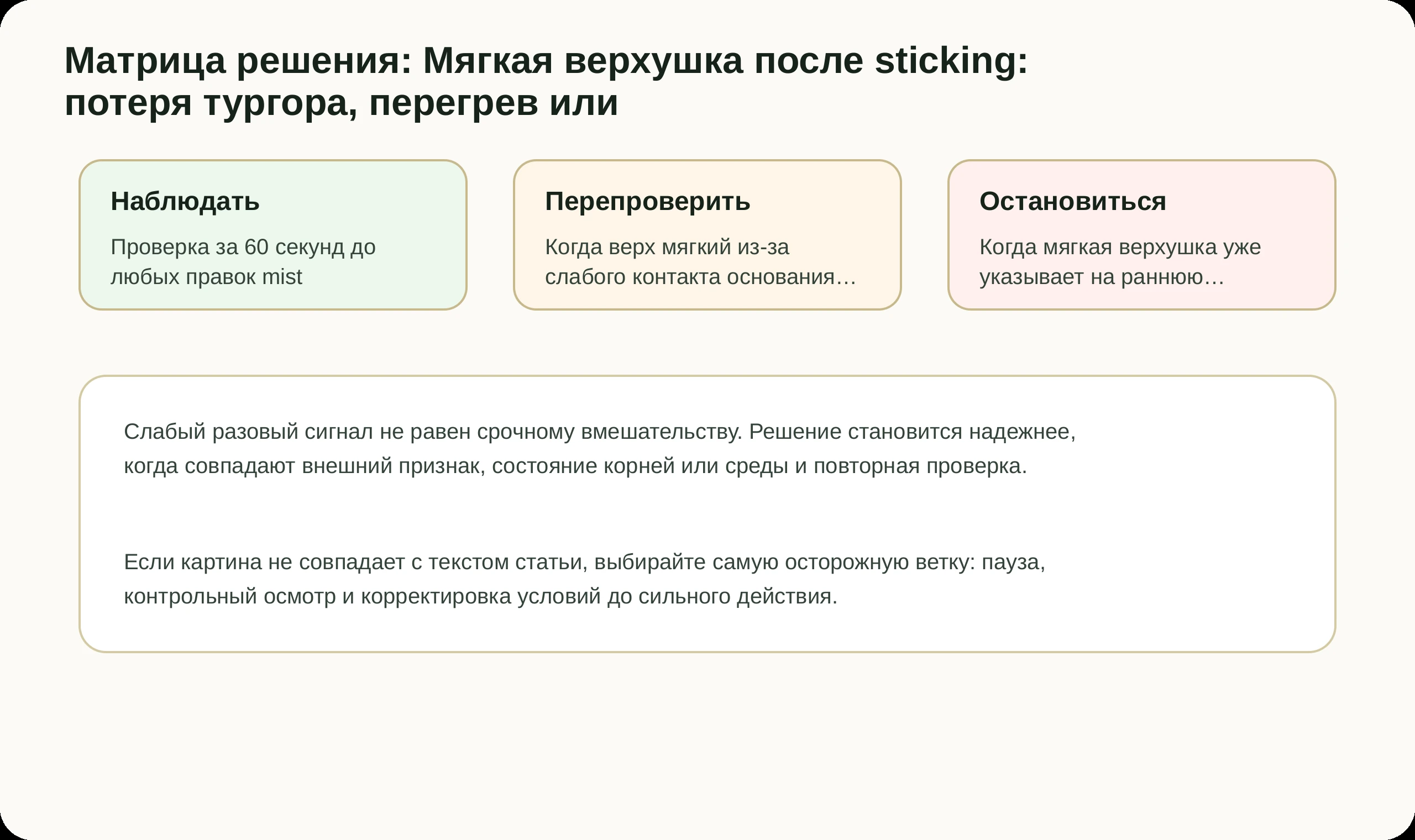 Матрица решений по статье Мягкая верхушка после sticking: потеря тургора, перегрев или