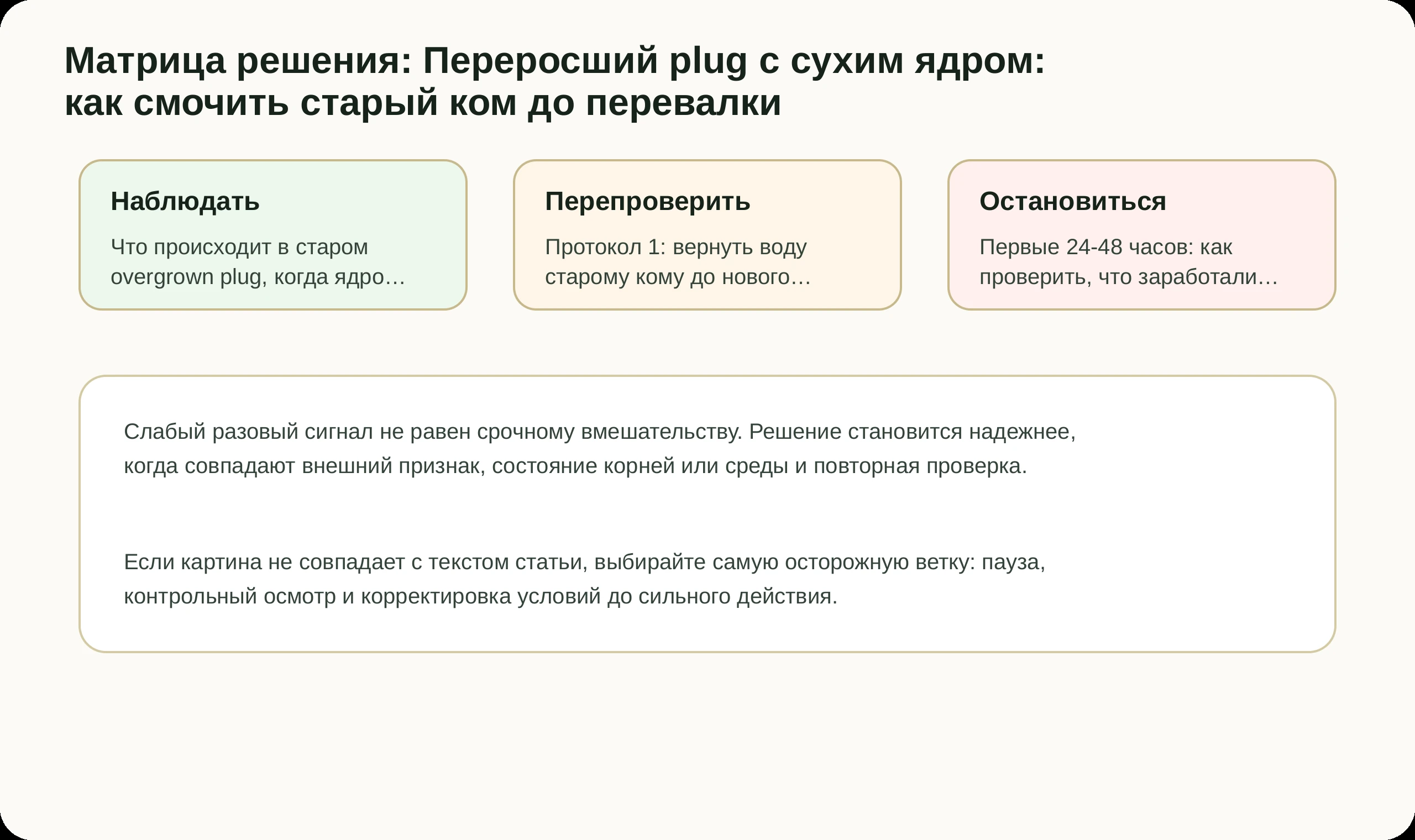 Матрица решений по статье Переросший plug с сухим ядром: как смочить старый ком до перевалки