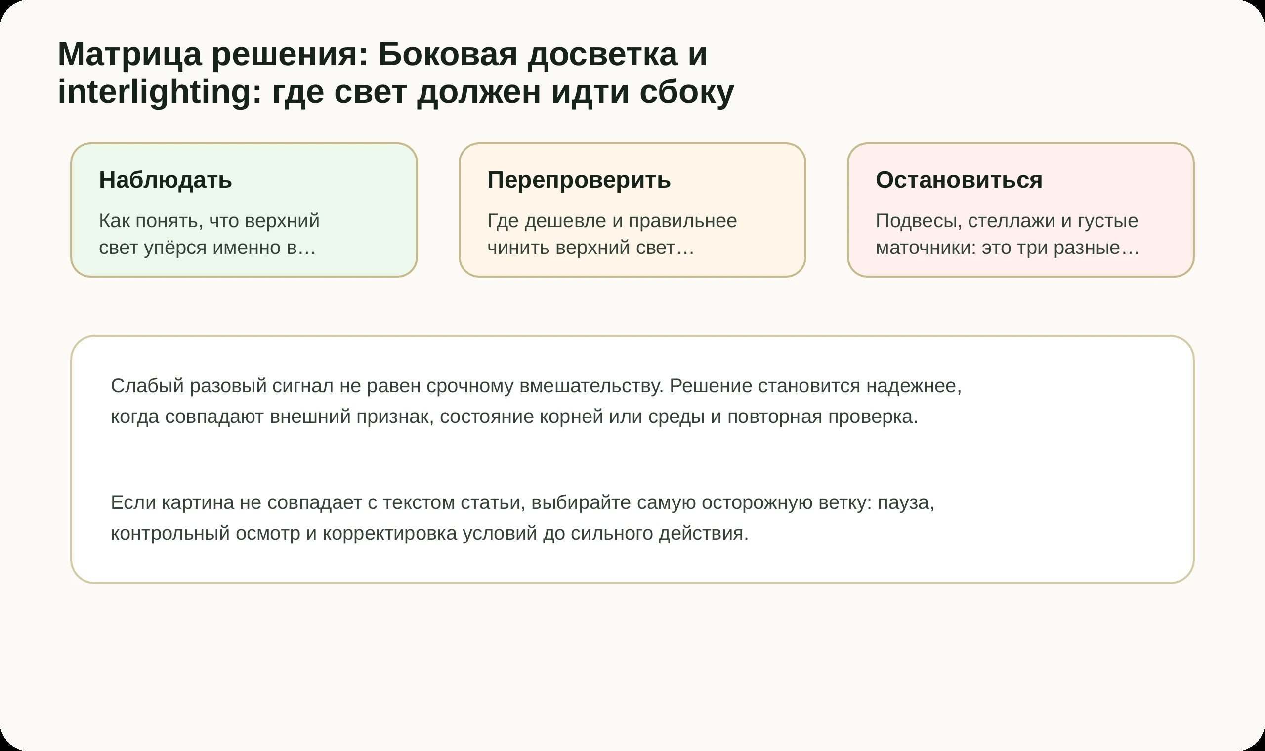 Матрица решений по статье Боковая досветка и interlighting: где свет должен идти сбоку