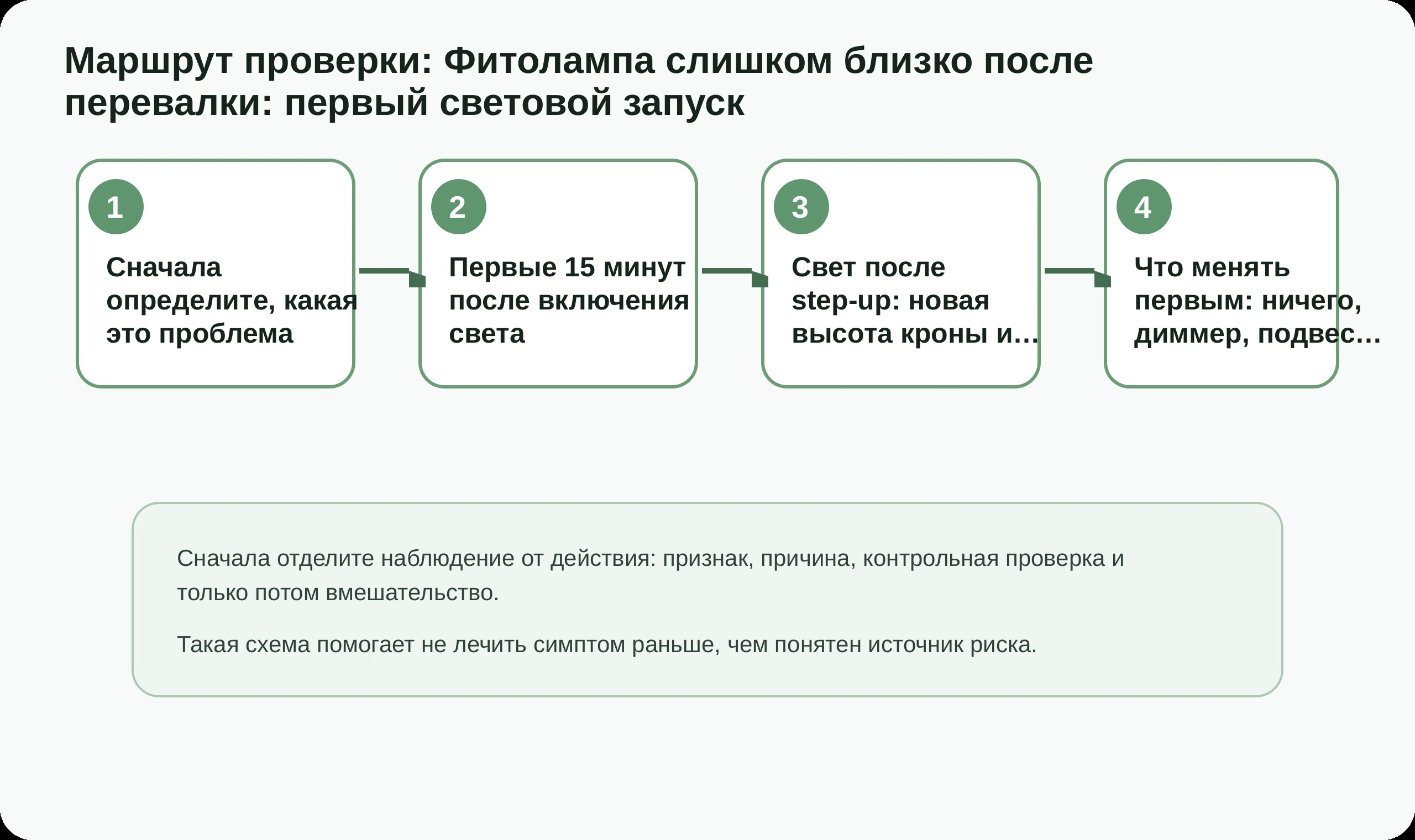 Маршрут проверки по статье Фитолампа слишком близко после перевалки: первый световой запуск