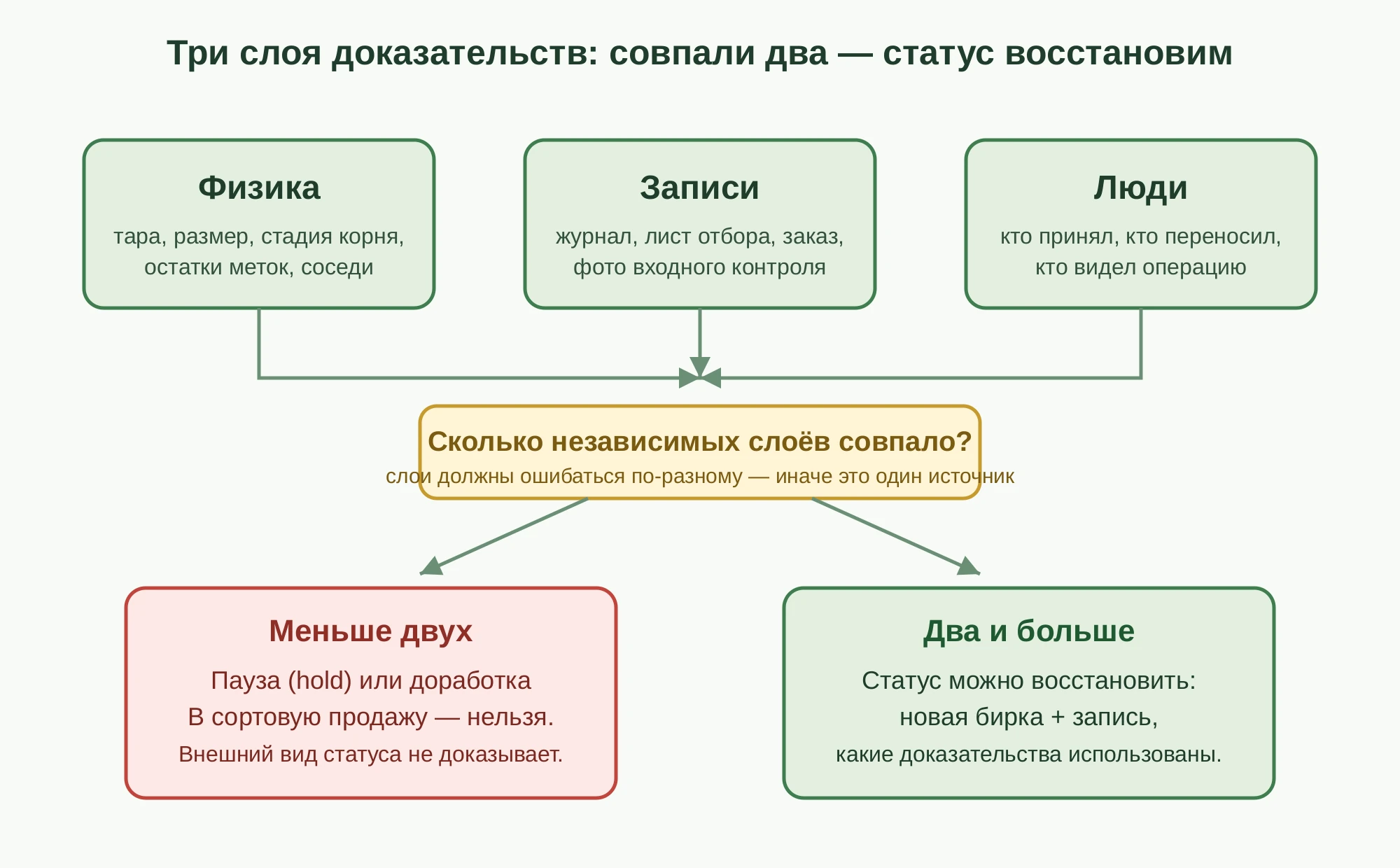 Схема трёх слоёв доказательств — физика, записи, люди — сходятся к развилке: если совпали меньше двух независимых слоёв, партия уходит в паузу или доработку; если два и больше — статус можно восстановить с новой биркой и записью.