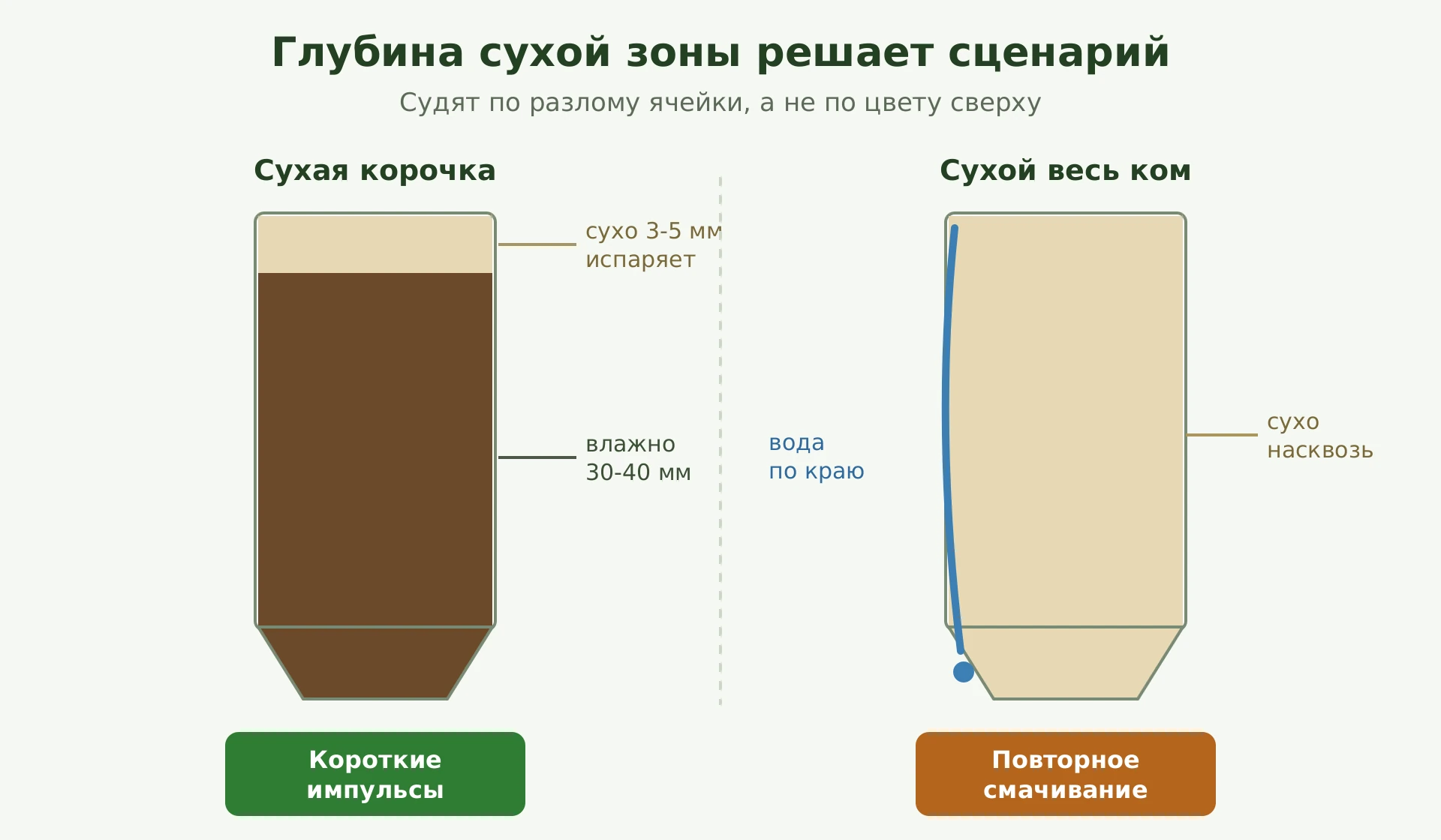 Глубина сухой зоны на разломе ячейки задаёт сценарий: сухая корочка 3-5 мм при влажном низе лечится короткими импульсами, а светлый весь столбик 30-40 мм с водой по краю требует повторного смачивания