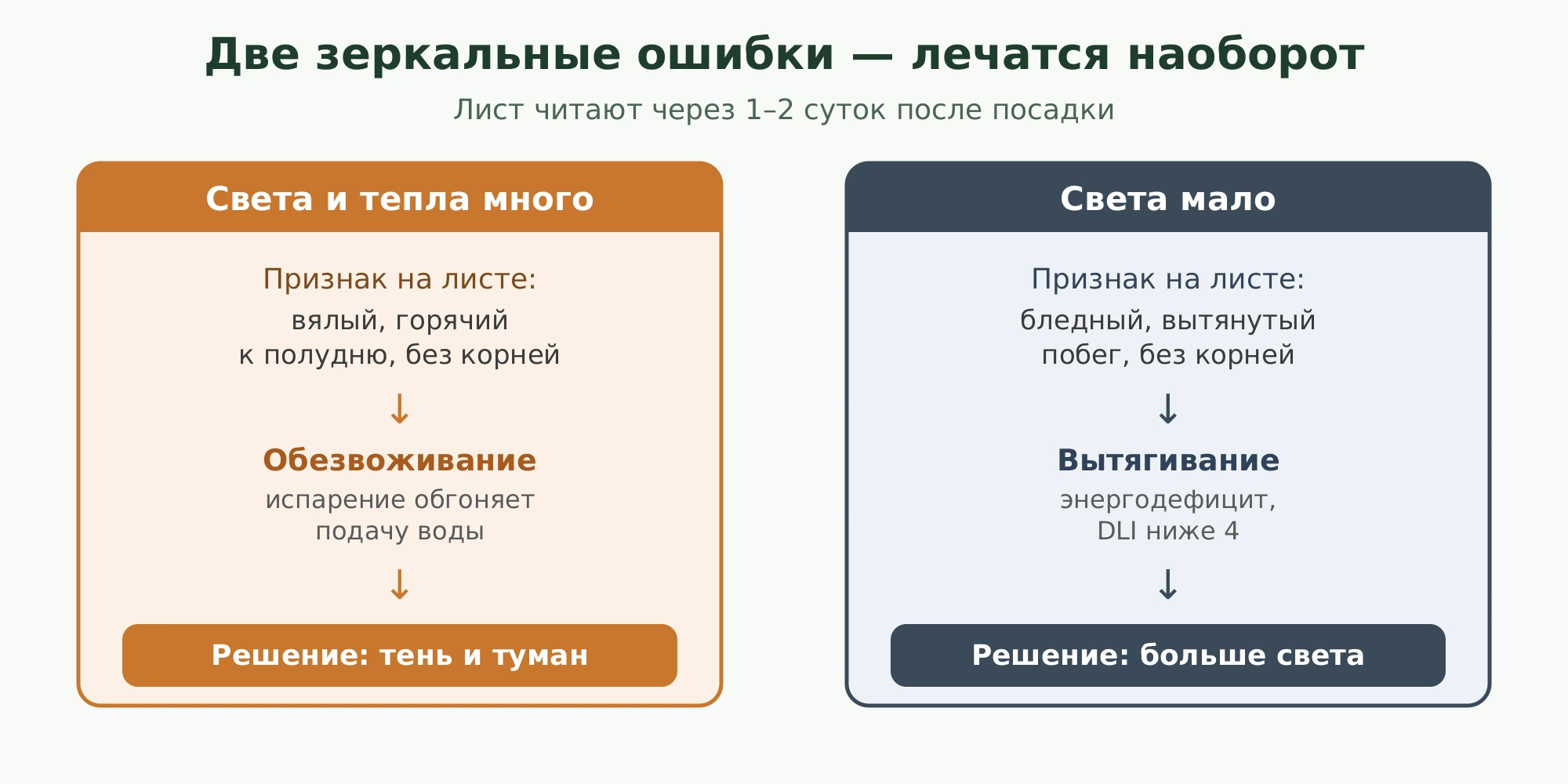 Две зеркальные ошибки: пересвет даёт обезвоживание, нехватка света даёт вытягивание