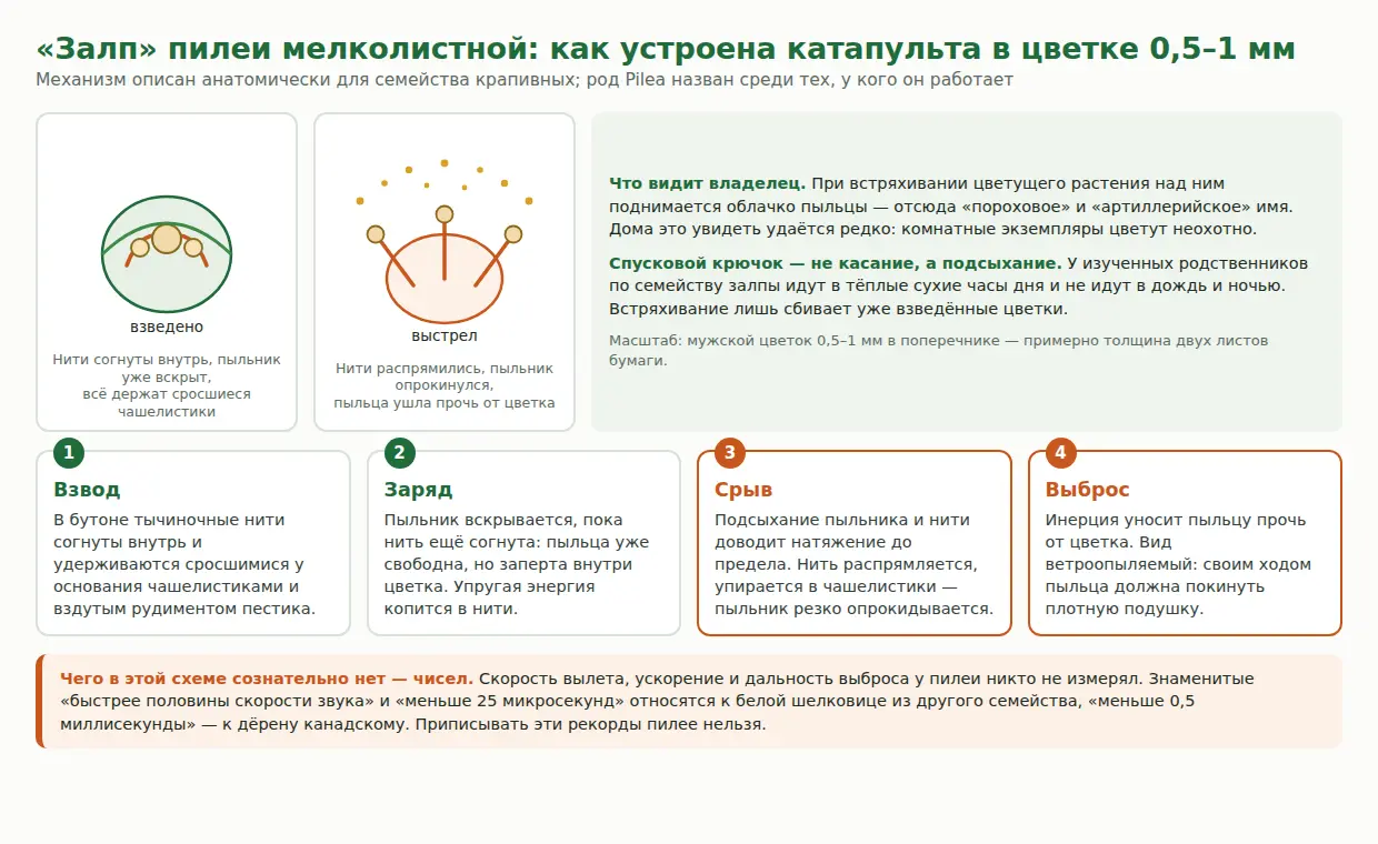 Схема взрывного выброса пыльцы у пилеи: согнутая тычиночная нить, удержание чашелистиками, распрямление и выброс пыльцы