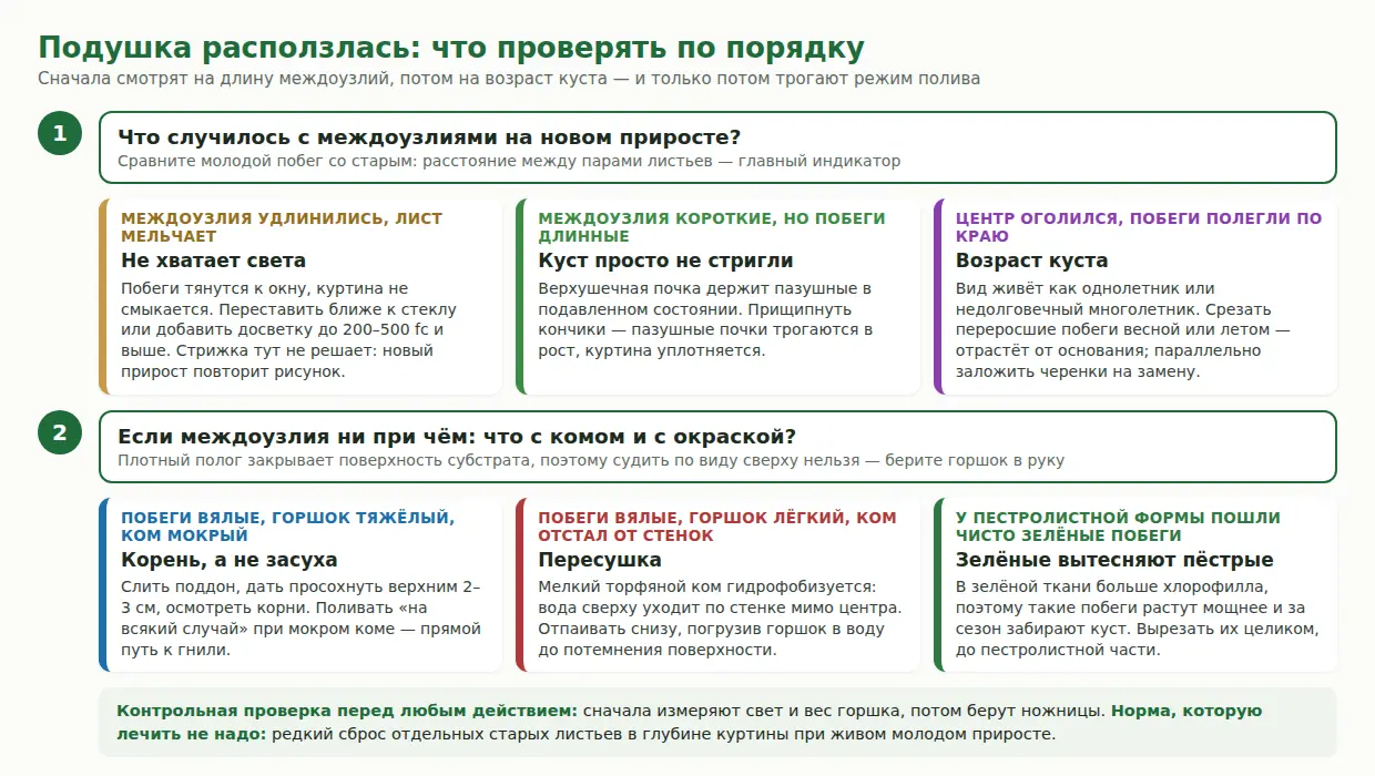Дерево решений: по длине междоузлий и весу горшка отличить недостаток света от нестриженого куста, возраста, гнили и пересушки