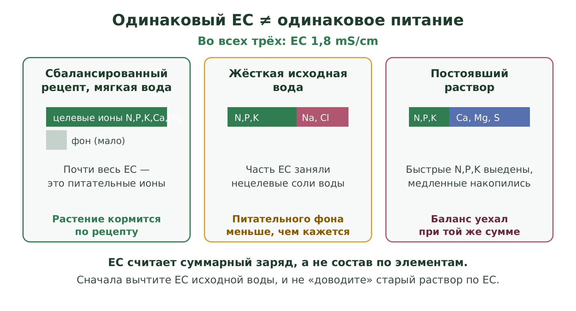 Три раствора с одинаковым EC 1,8 mS/cm, но разным составом: сбалансированный рецепт на мягкой воде, тот же EC с фоновой проводимостью от натрия и хлоридов в исходной воде, и постоявший раствор где из-за разной скорости захвата ионов баланс уже сместился. Сумма одна, питание для растения разное