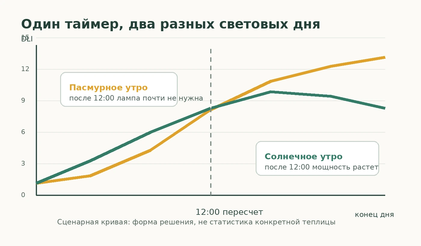 Две суточные кривые DLI с пересчетом досветки в полдень