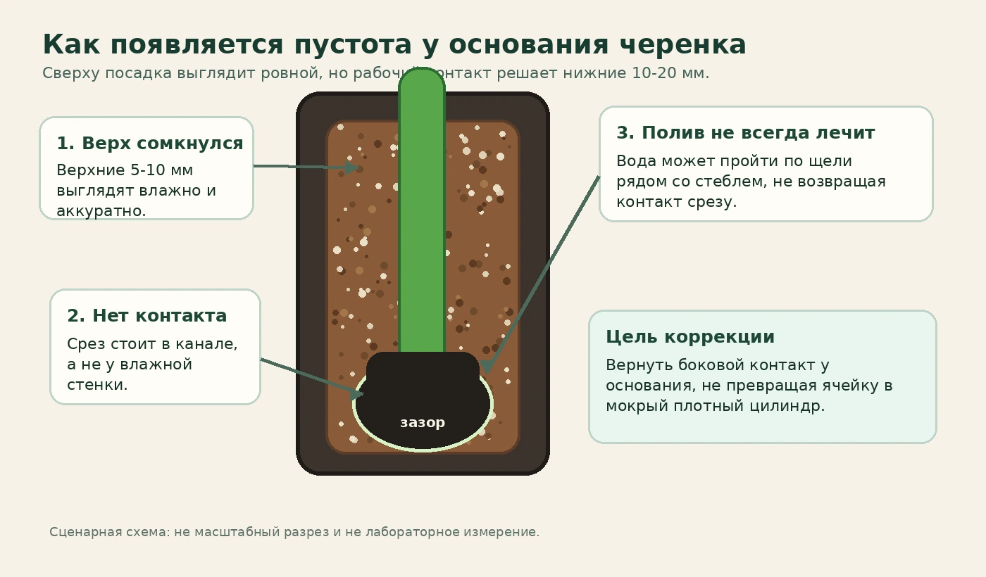 Схема пустоты у основания черенка в кассетной ячейке