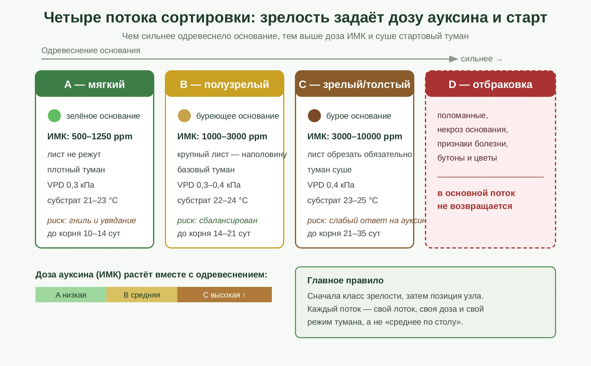 Схема: чем сильнее одревеснело основание черенка, тем выше нужная доза ауксина (ИМК) и суше старт; четыре потока сортировки A, B, C и отбраковка D