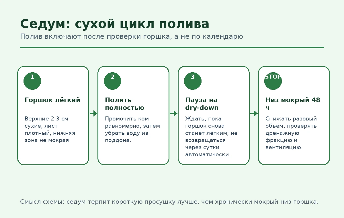 Схема сухого цикла полива седума: лёгкий горшок, полный пролив, пауза на просушку и стоп-сигнал мокрого низа.