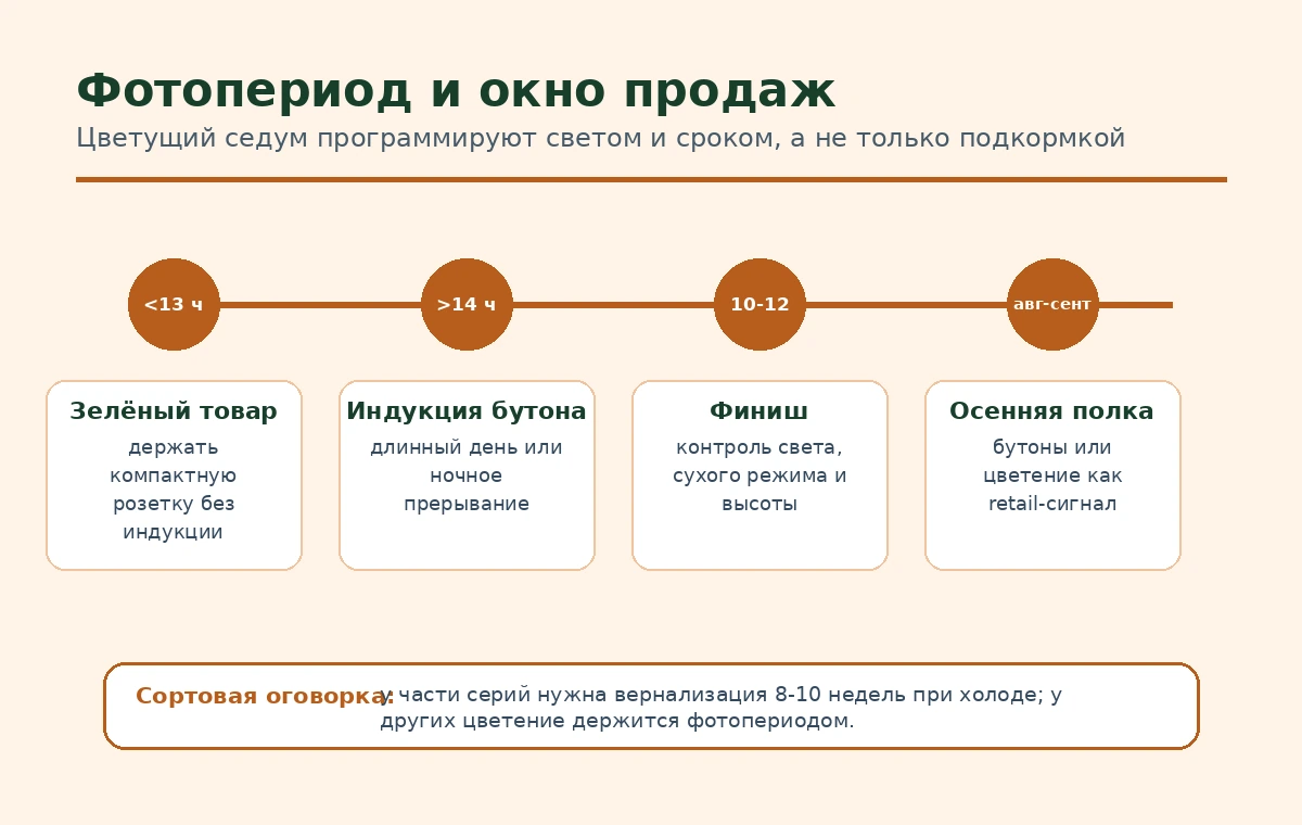 Линия фотопериода седума: меньше 13 часов для зелёного товара, больше 14 часов для индукции, 10-12 недель до финиша.