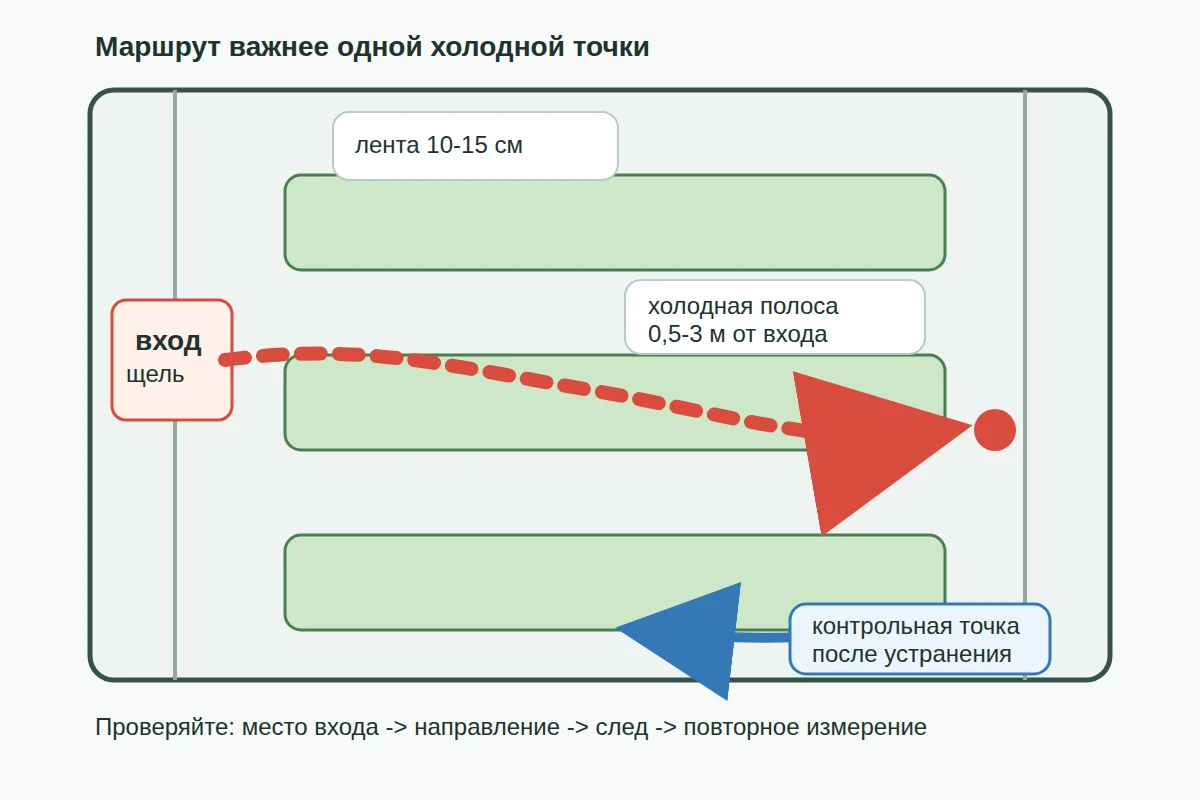 Схема маршрута холодного воздуха от щели к столу и контрольной точке