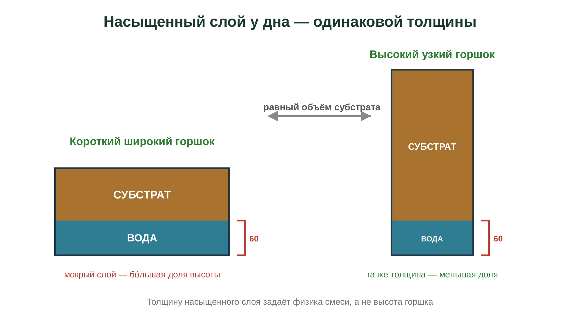 Зона насыщенной воды у дна одинаковой толщины в коротком широком и высоком узком горшке равного объёма субстрата: в коротком она занимает бо́льшую долю высоты