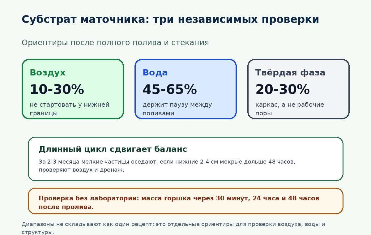 Карточки ориентиров воздуха, воды и твёрдой фазы для проверки субстрата маточника после полива.