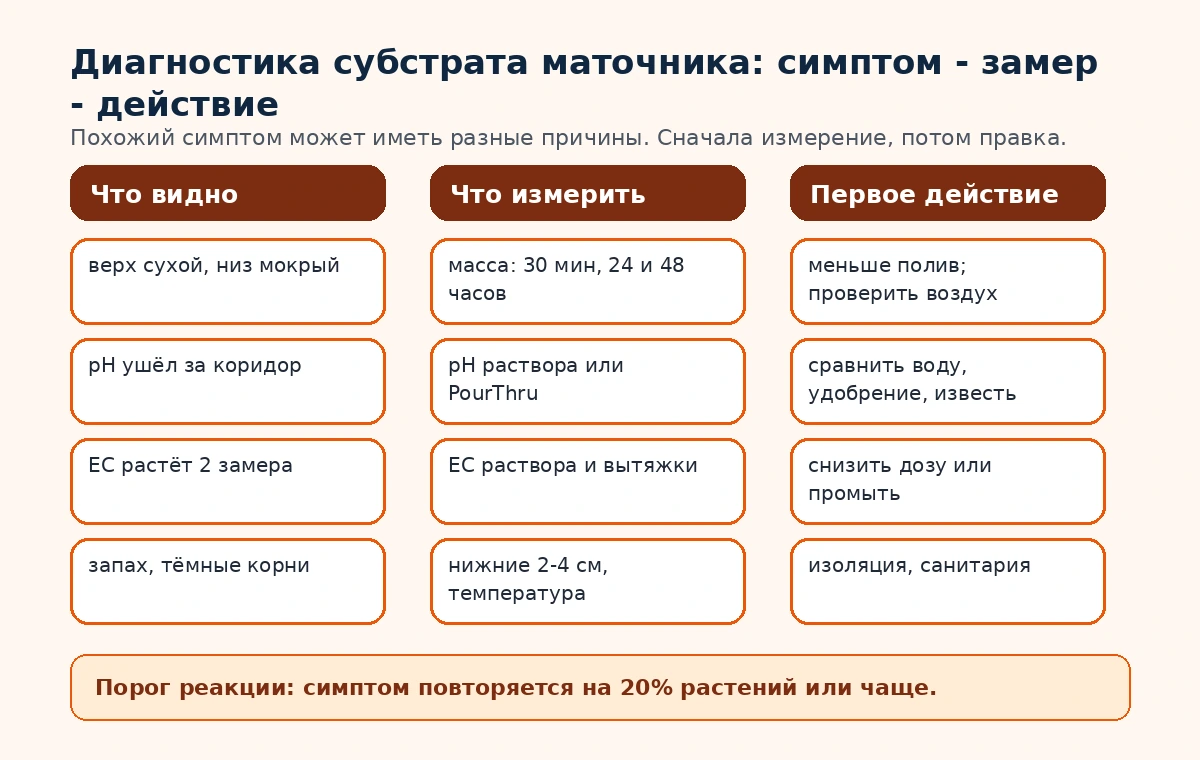 Диагностическая матрица симптомов субстрата маточника: мокрый низ, pH, EC, запах и первое действие.