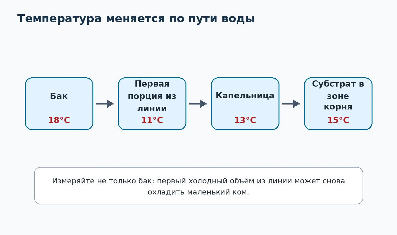 Путь температуры: бак, линия, капельница, субстрат