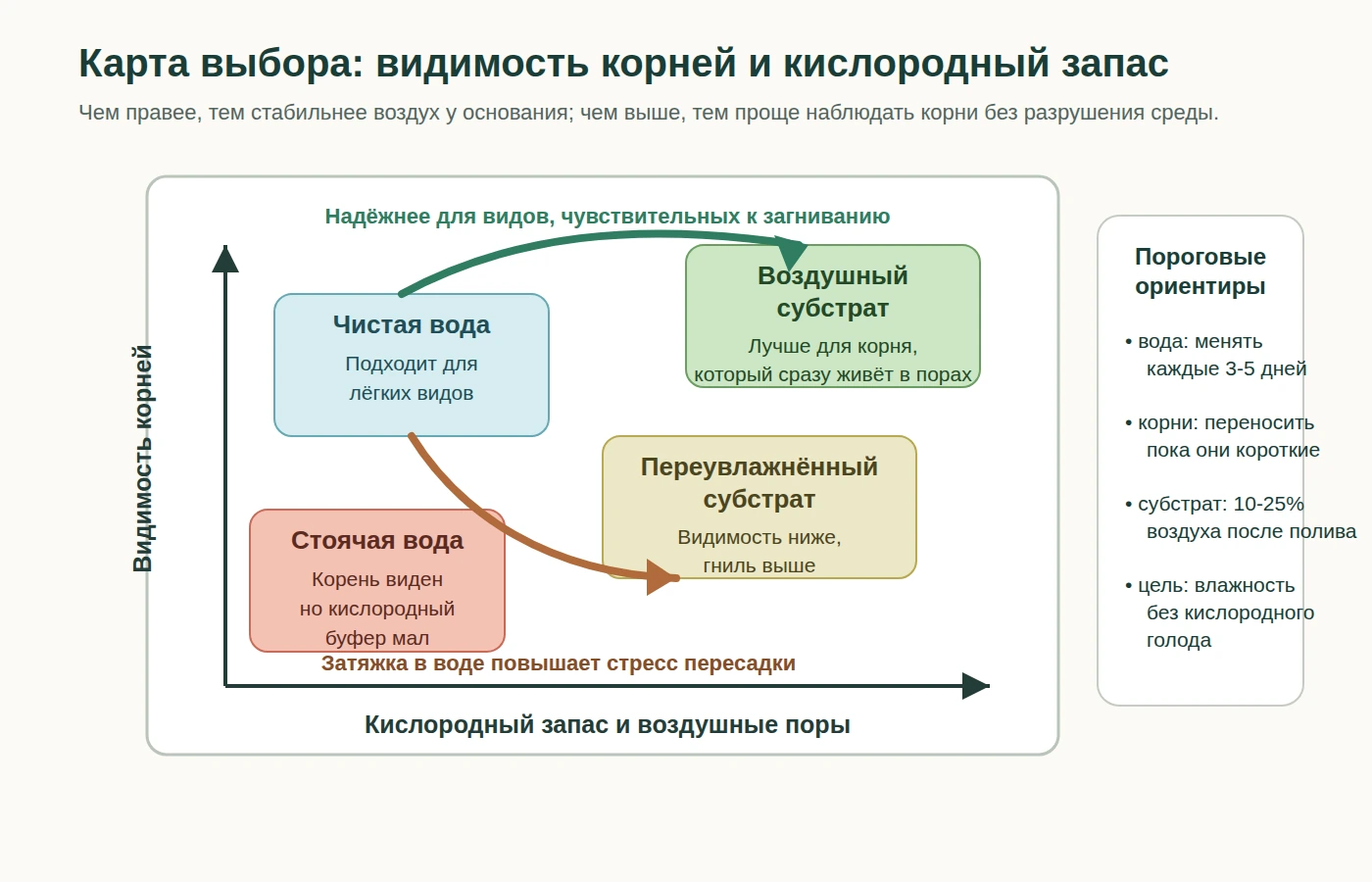 Карта выбора между водой и субстратом по видимости корней и кислородному запасу