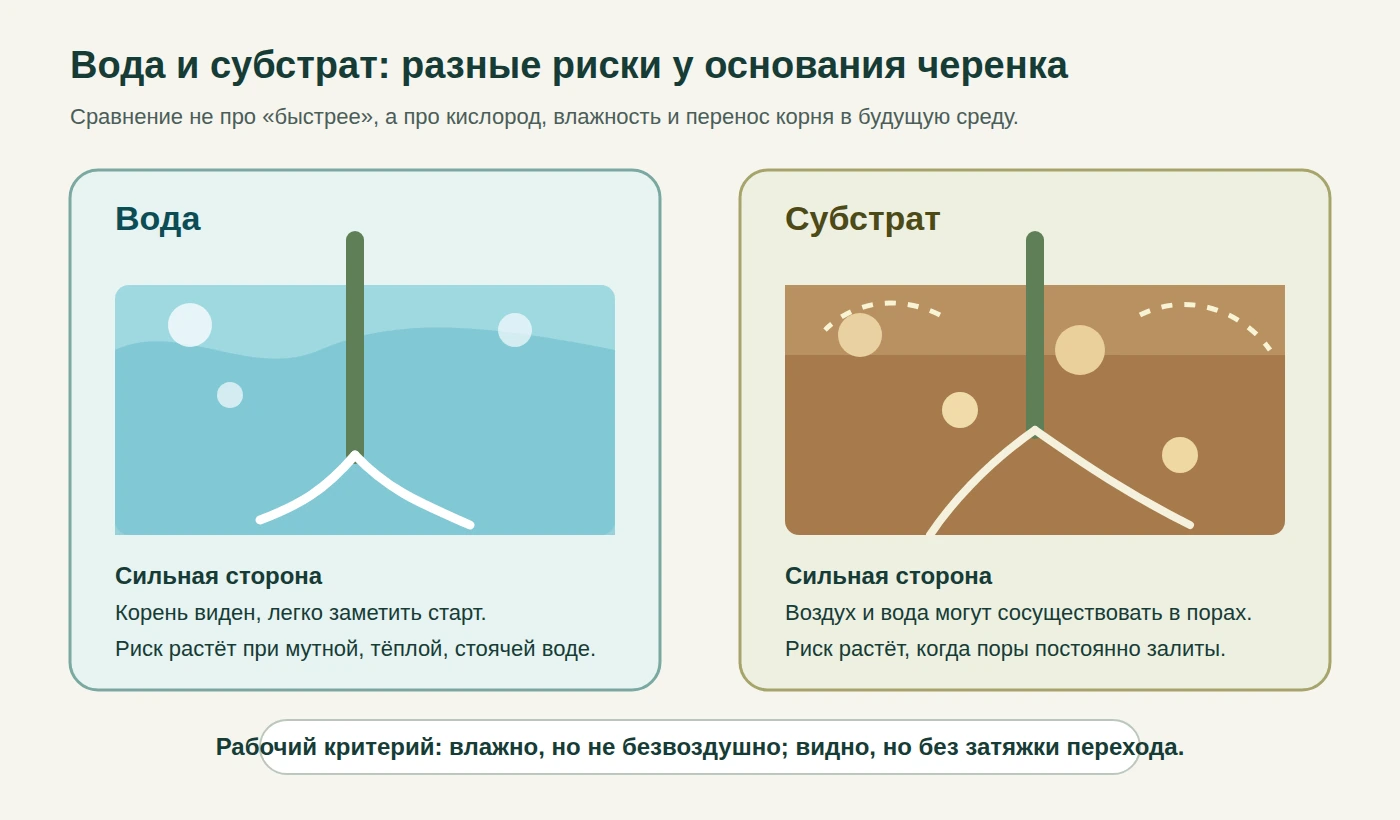 Схема сравнения воды и субстрата по кислороду, влаге и риску у основания черенка