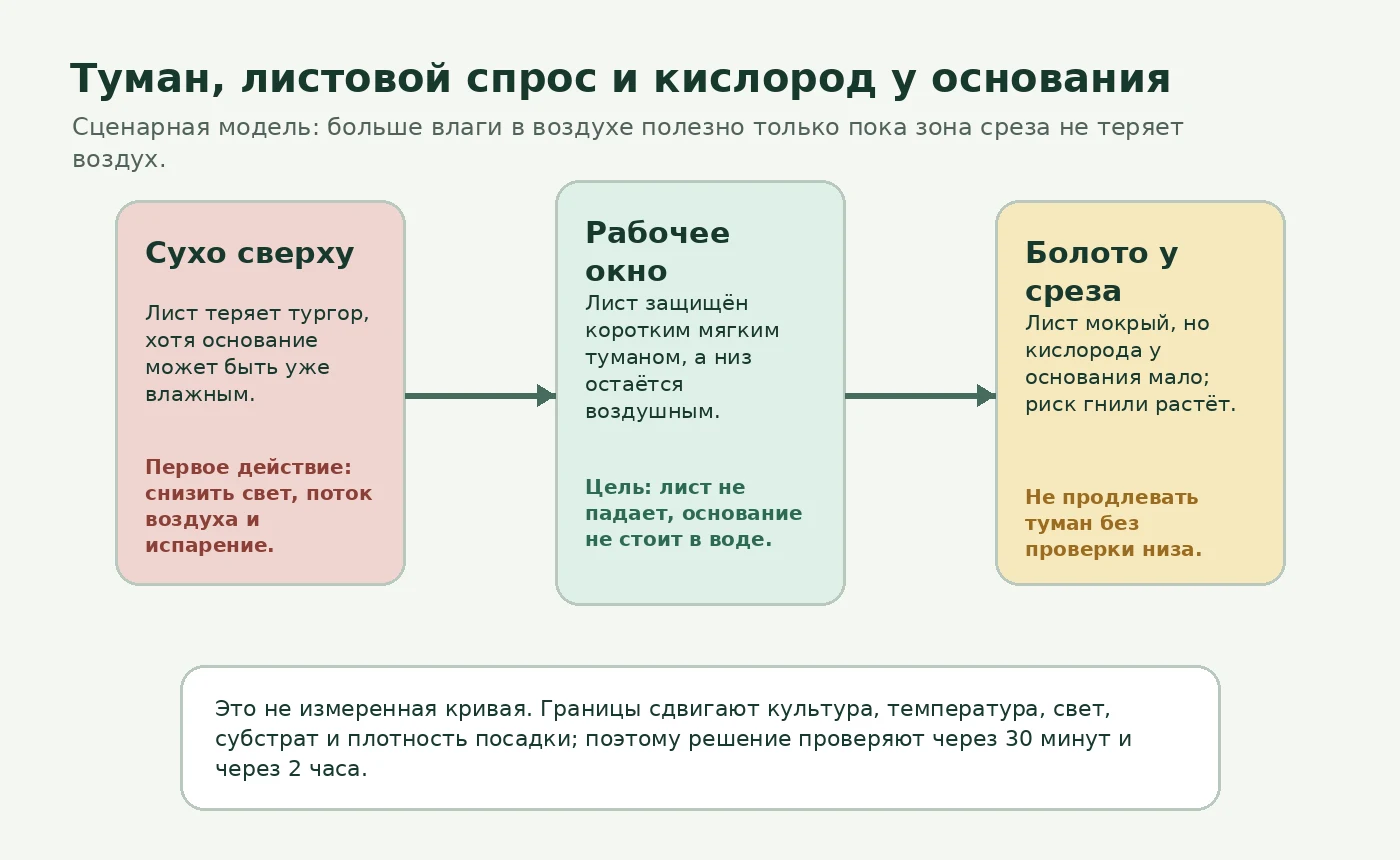 Сценарная модель тумана, листового спроса и кислорода у основания черенка