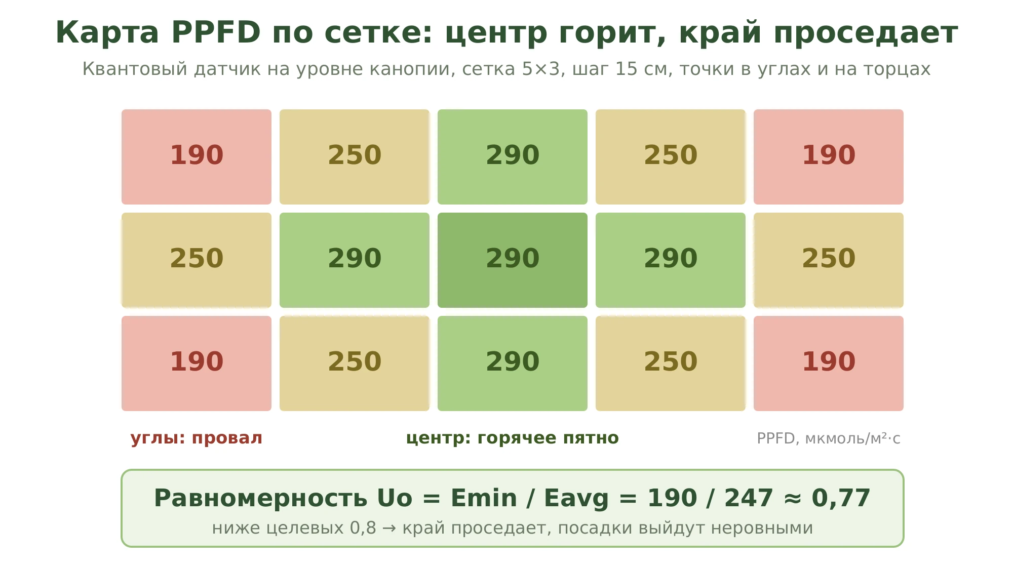 Карта PPFD по сетке 5×3 на уровне канопии: центр даёт горячее пятно около 290 мкмоль/м²·с, углы проседают до 190; равномерность Uo = минимум ÷ среднее = 190 ÷ 247 ≈ 0,77, ниже порога 0,8, поэтому край полки недосвечен