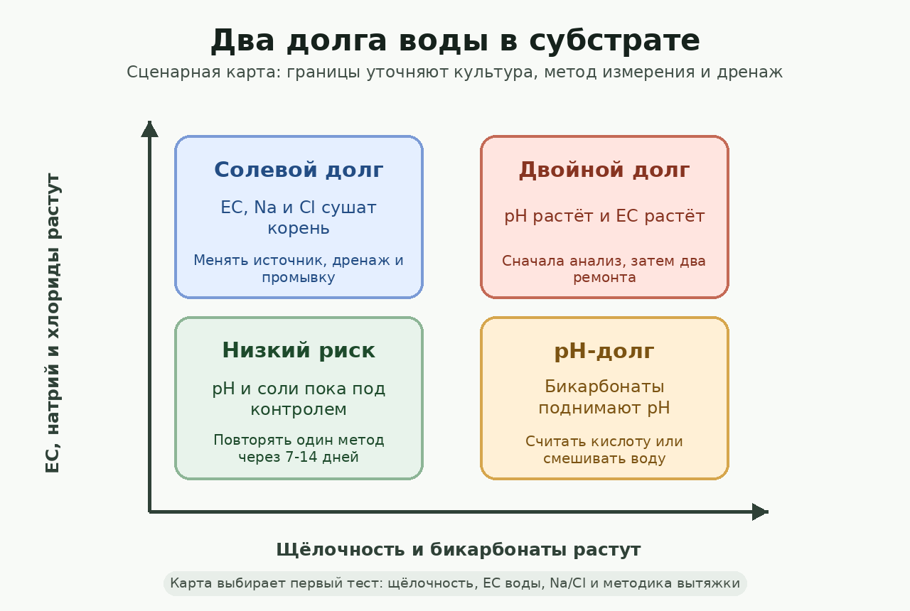 Карта двух долгов воды: pH-долг от щёлочности и солевой долг от EC, натрия и хлоридов