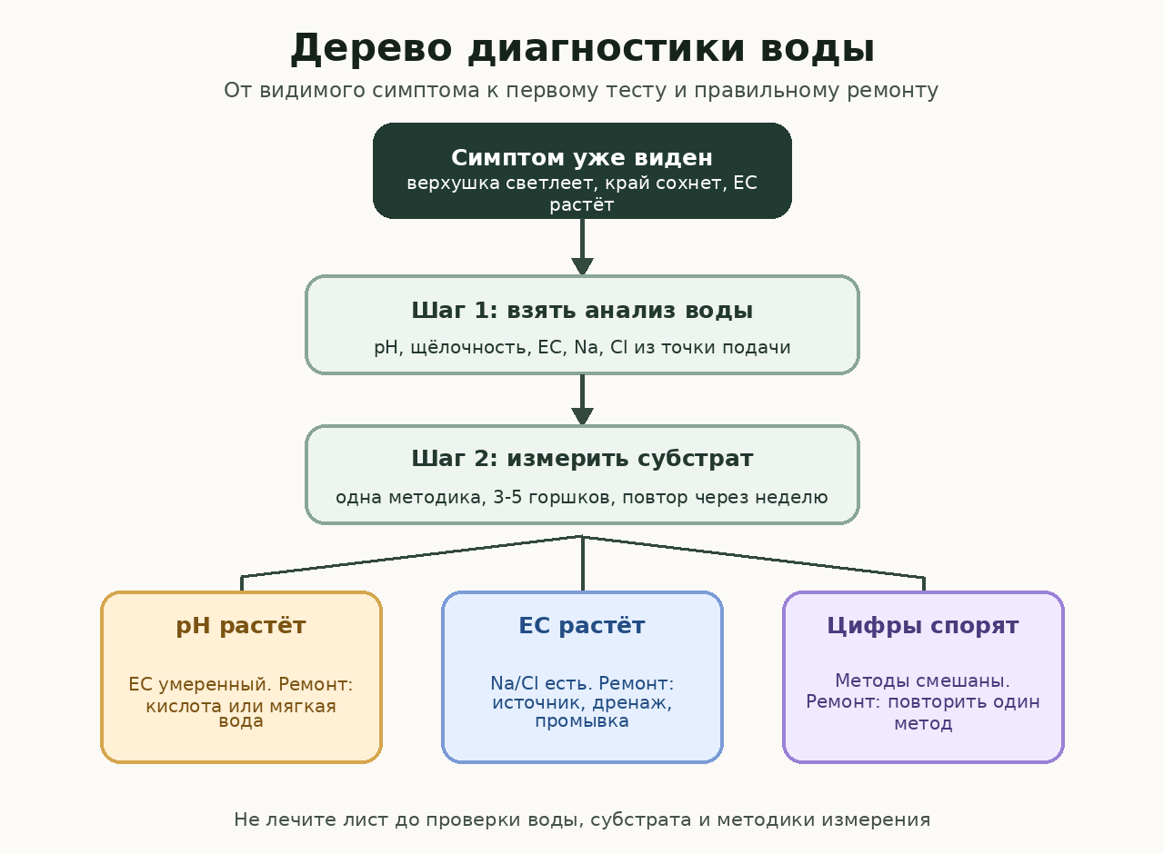 Дерево диагностики: симптом, анализ воды, измерение субстрата и три решения по щёлочности, Na/Cl или методике