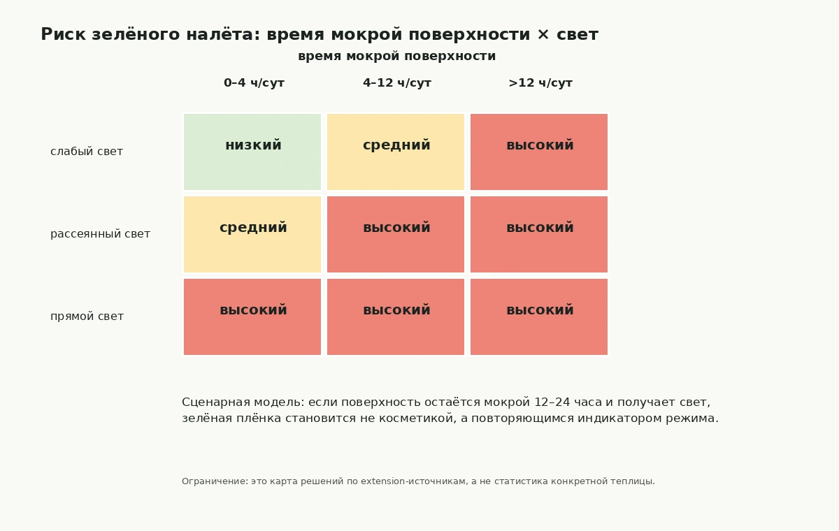 Тепловая карта риска водорослей по времени мокрой поверхности и уровню света.