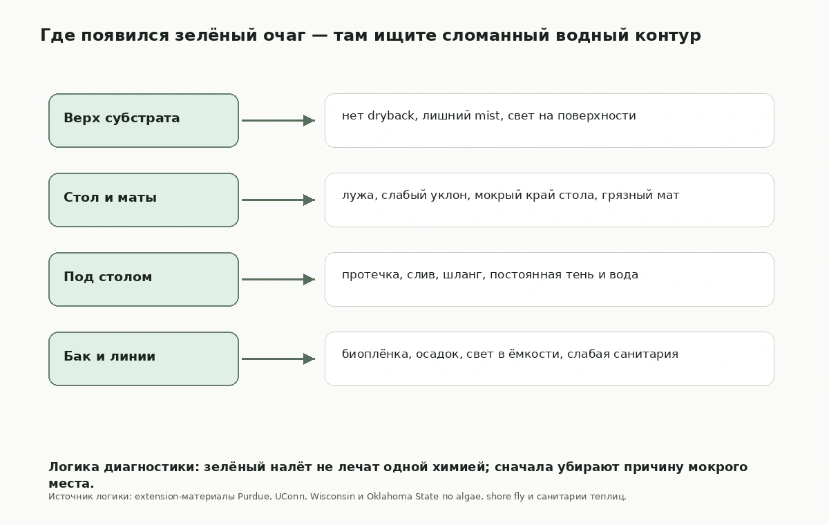 Схема: место зелёного очага указывает на конкретный сломанный водный контур теплицы.