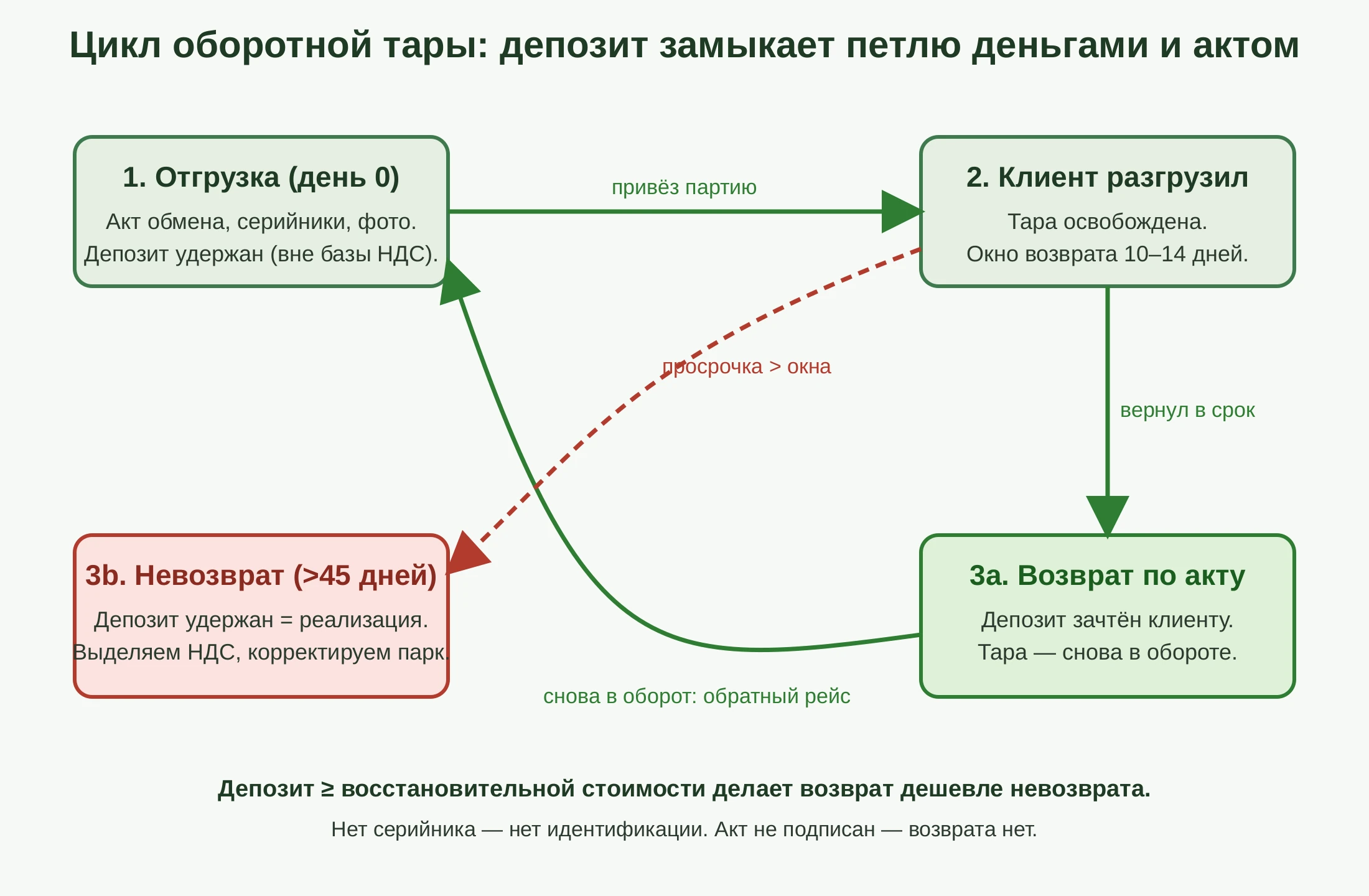 Схема цикла оборотной тары: отгрузка с удержанием депозита, разгрузка у клиента, возврат по акту с зачётом депозита либо невозврат свыше 45 дней с удержанием депозита и выделением НДС