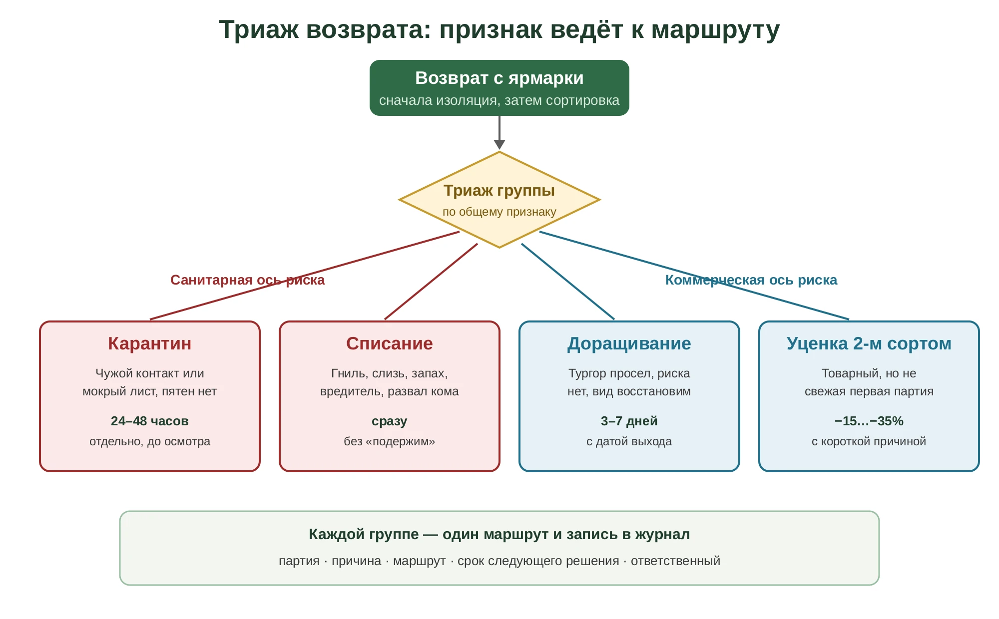 Схема триажа возврата: после изоляции группа уходит по одному из четырёх маршрутов — карантин и списание по санитарной оси, доращивание и уценка по коммерческой