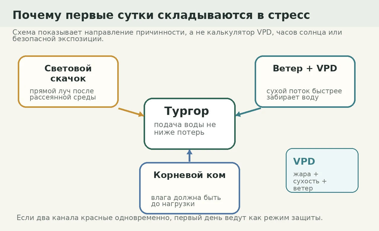 Схема: солнце, ветер, VPD и корневой ком сходятся в риске потери тургора в первые сутки