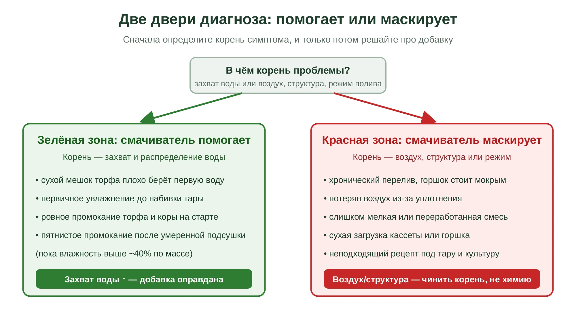 Схема: две двери диагноза — проблема в захвате воды (смачиватель помогает) против проблемы воздуха, структуры или режима полива (смачиватель только маскирует ошибку)