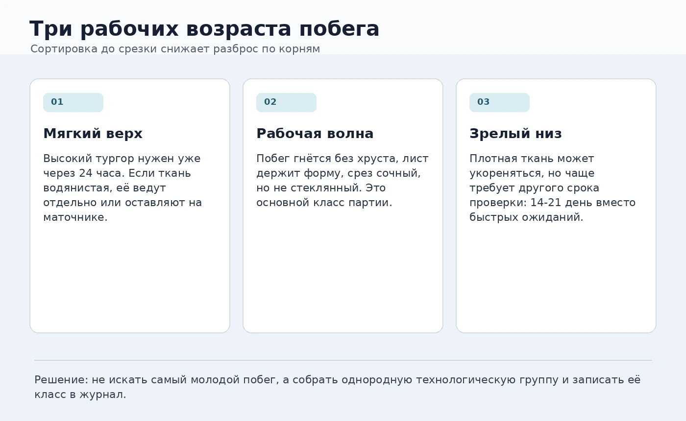 Схема трёх возрастных классов побега маточника и действий перед укоренением