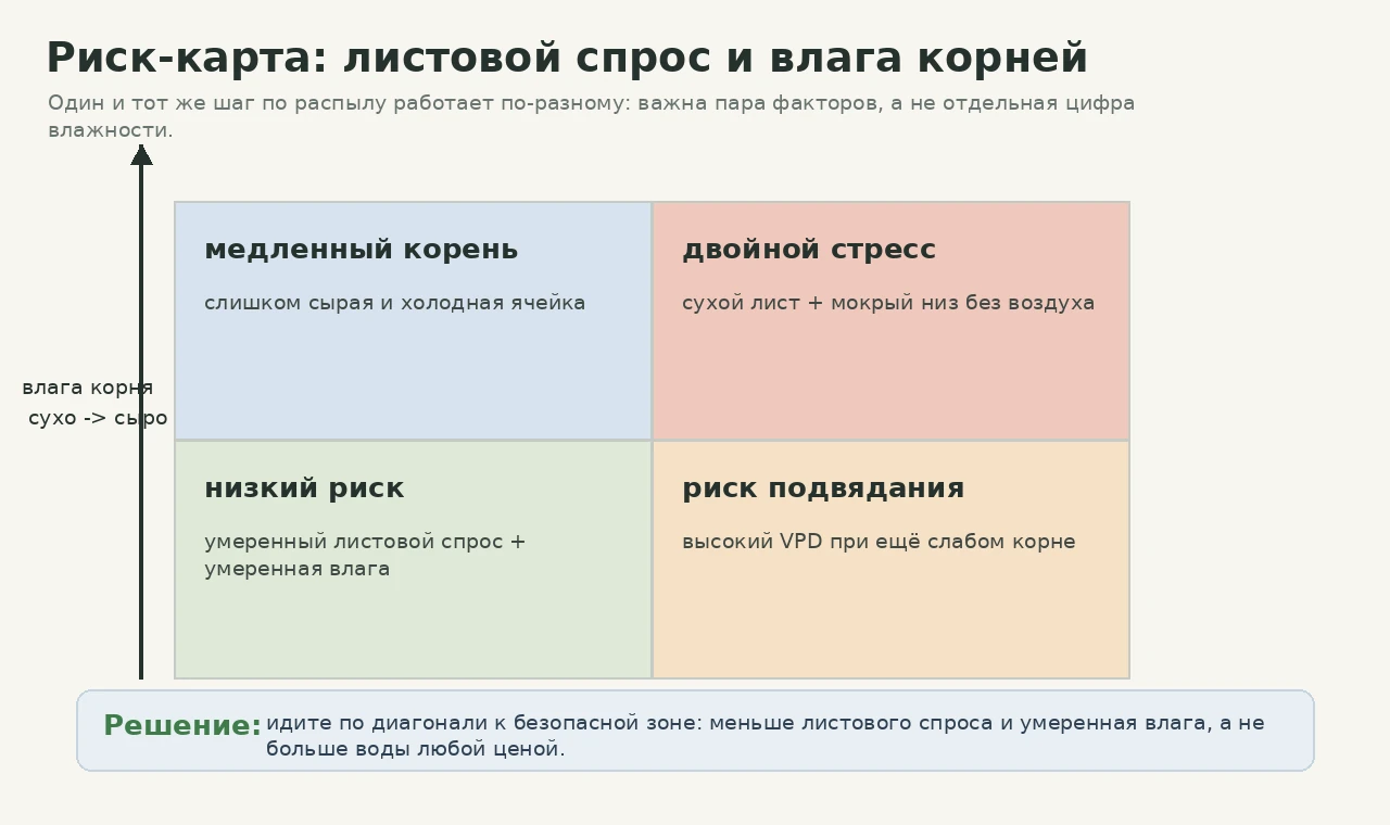 Риск-карта VPD и влажности корневой зоны при снятии распыла
