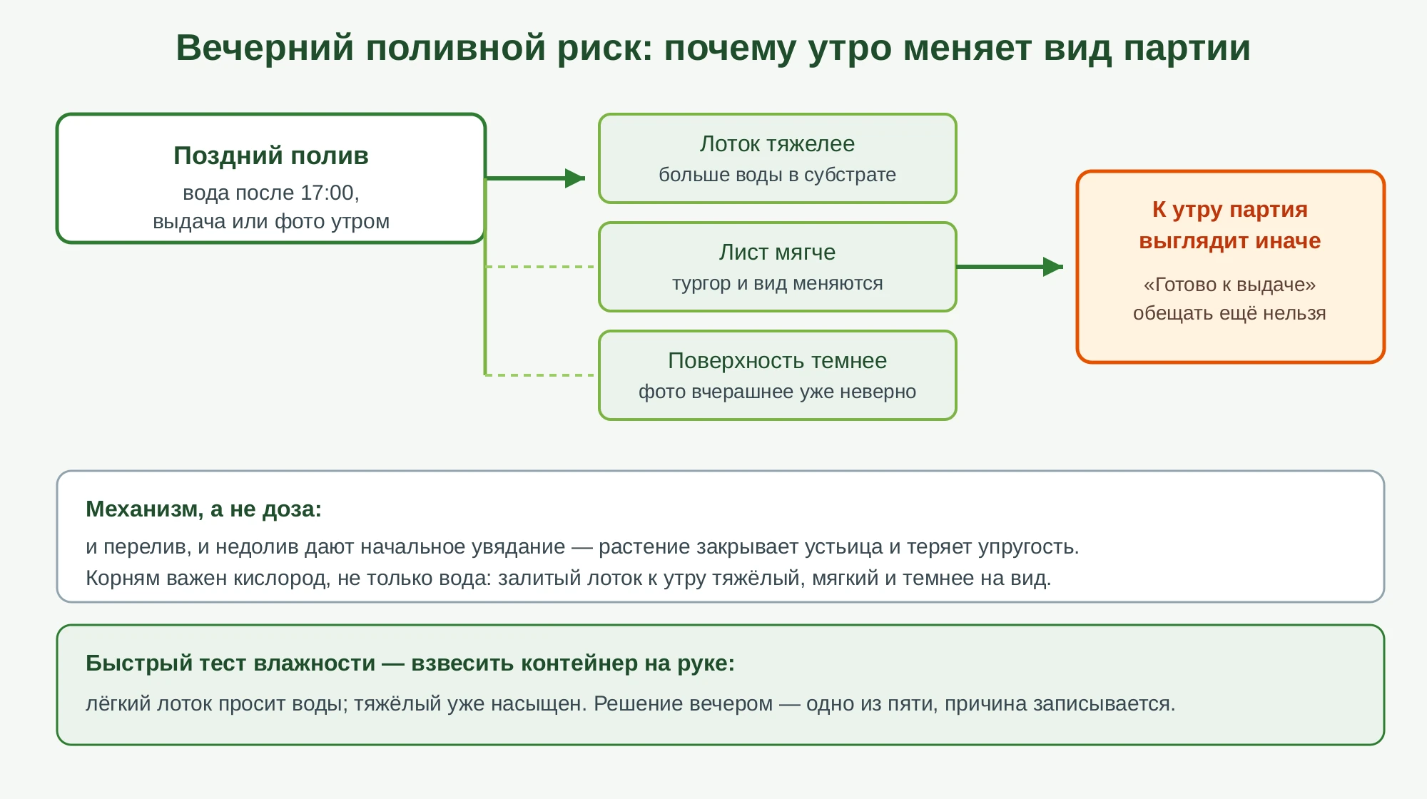Схема: как поздний полив меняет вид партии к утру и почему нельзя обещать готовность