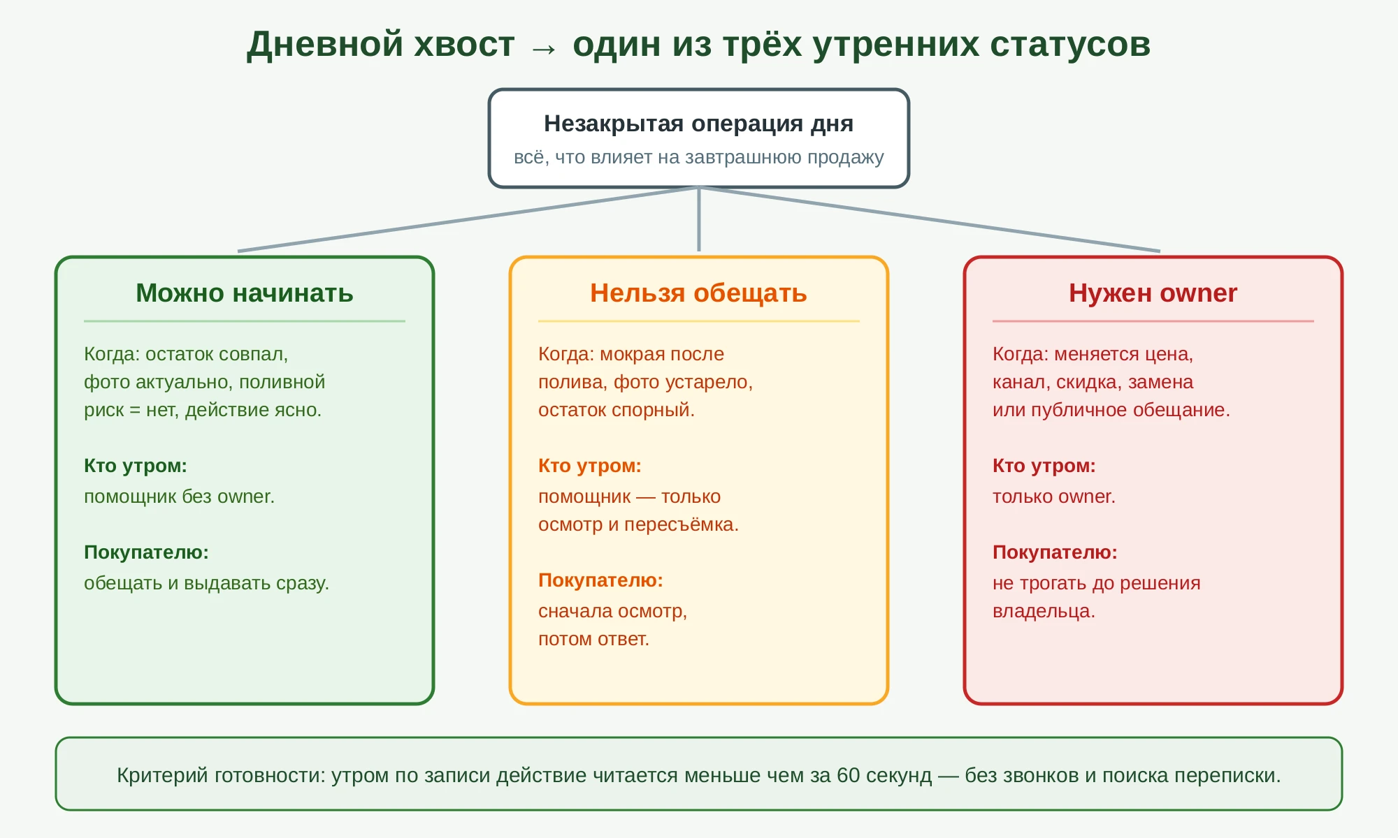 Схема: три утренних статуса дневного хвоста — можно начинать, нельзя обещать, нужен owner — и кто действует утром