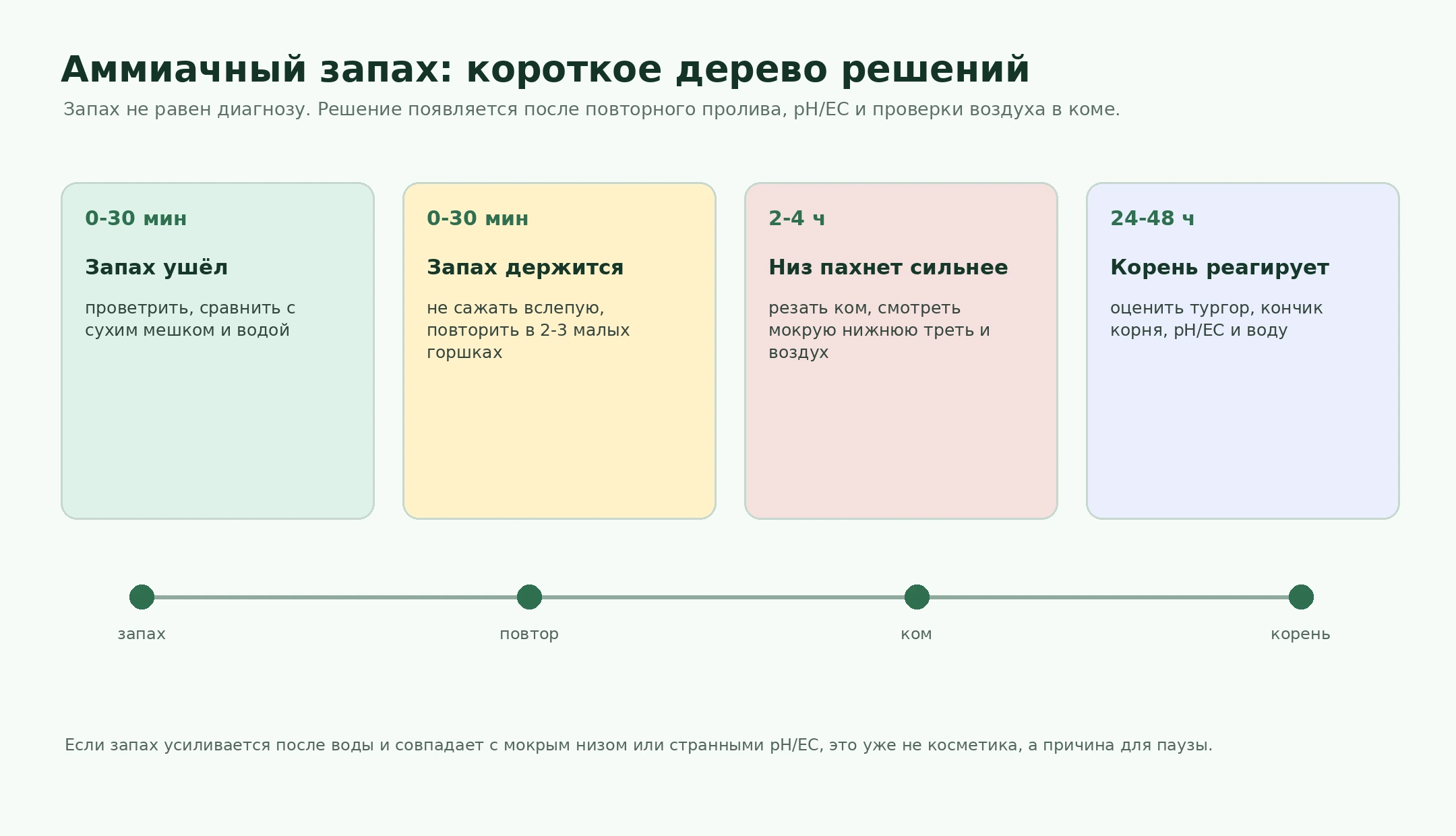 Дерево решений при аммиачном запахе субстрата после полива
