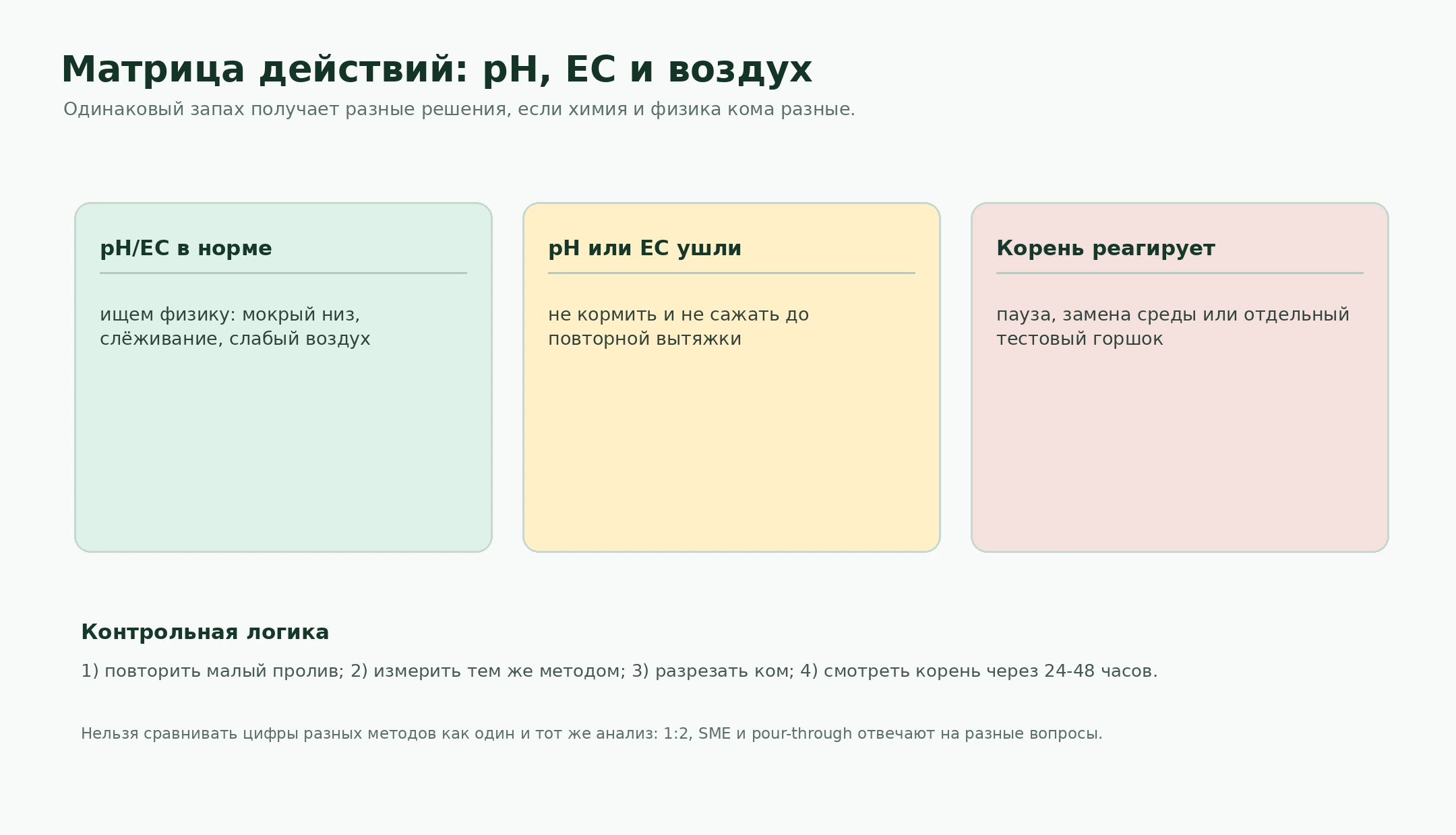 Матрица действий по pH EC и воздуху при запахе аммиака от субстрата