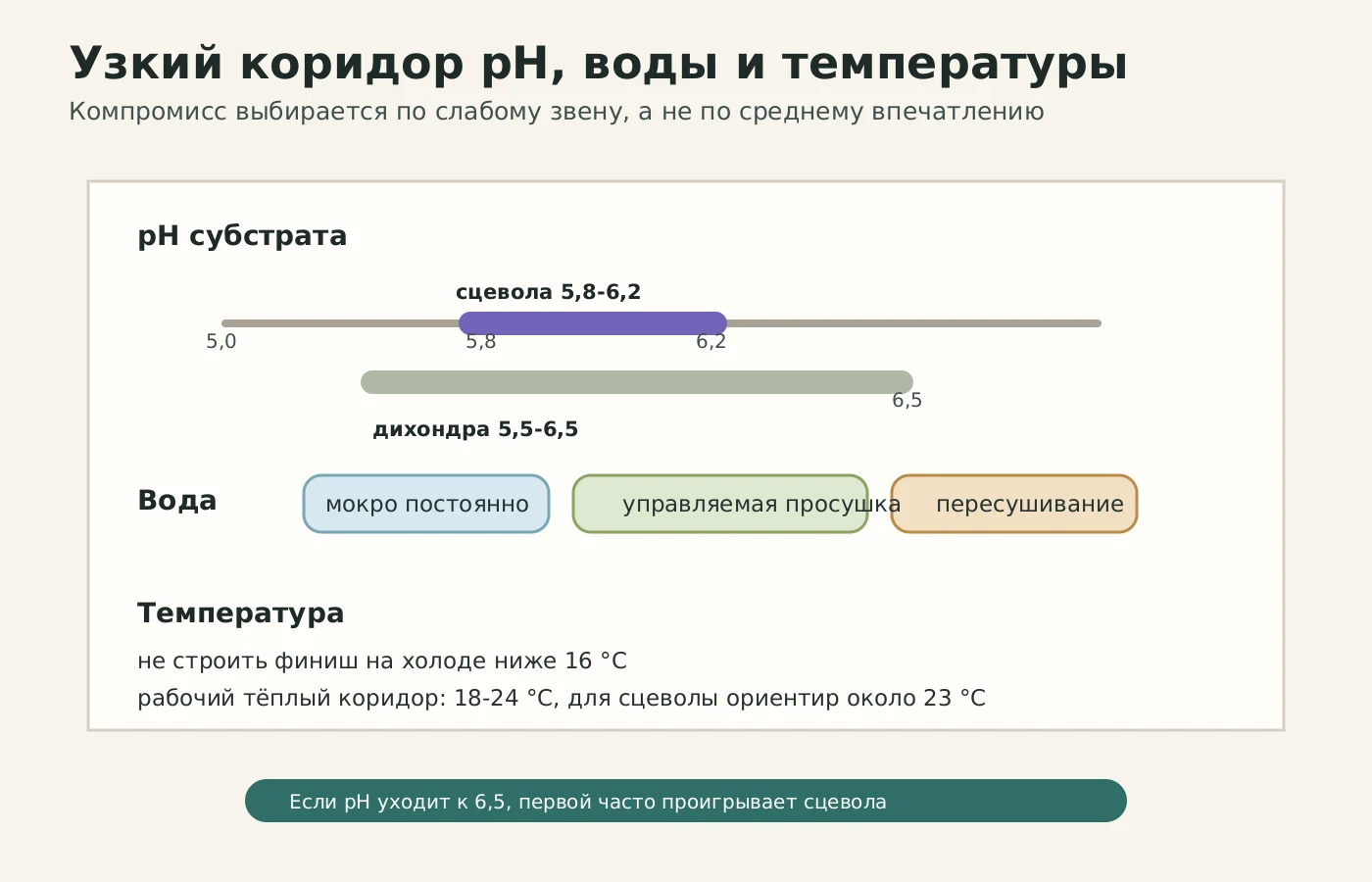 Коридор pH, воды и температуры для солнечной корзины из сцеволы, биденса и дихондры